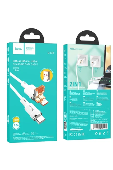 Hoco. U131 1.2M 2in1 USB ve Type-C to Type-C Şarj Data Kablosu - Beyaz - Resim 10