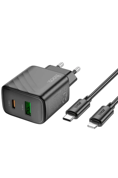 Hoco. CS23A Sunlight 30W 1 Adet Type-C ve 1 Adet USB 3.0 QC Çıkışlı Ekstra Type-C to Lightning Kablolu PD Hızlı Şarj Aleti - Siyah - Resim 4