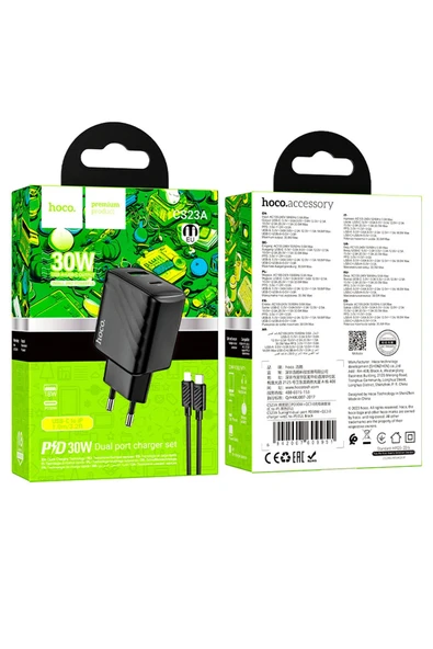 Hoco. CS23A Sunlight 30W 1 Adet Type-C ve 1 Adet USB 3.0 QC Çıkışlı Ekstra Type-C to Lightning Kablolu PD Hızlı Şarj Aleti - Siyah - Resim 2