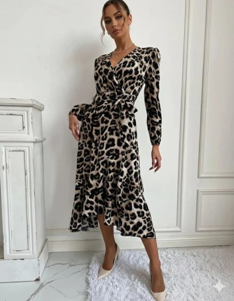 MDB Kadın Uzun Kollu Kruvaze Yaka Yandan Bağlamalı önden Fırfır Detaylı Süprem Uzun Elbise ürün görseli 1