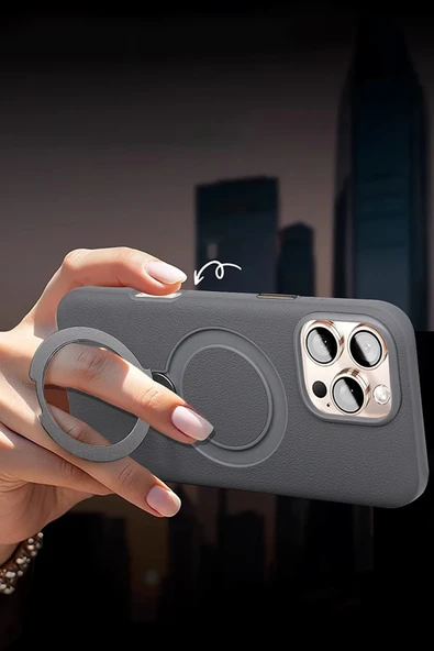 iPhone 16 Vapor Deri Magsafe Standlı Kılıf - Titan Gri - Resim 11