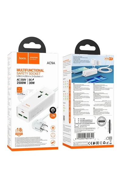 Hoco. AC9A 1.5M Talent 2 Adet USB 1 Adet Type-C 1 Adet Priz PD30W Şarj Aleti - Beyaz - Resim 3