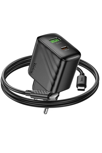 Hoco. CS25A Rico 20W 1 Adet Type-C ve 1 Adet USB 3.0 QC Çıkışlı Ekstra Type-C to Type-C Kablolu PD Hızlı Şarj Aleti - Siyah - Resim 4