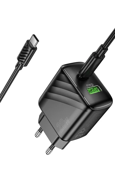 Hoco. CS25A Rico 20W 1 Adet Type-C ve 1 Adet USB 3.0 QC Çıkışlı Ekstra Type-C to Type-C Kablolu PD Hızlı Şarj Aleti - Siyah - Resim 8
