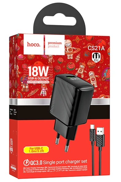 Hoco. CS21A Rich 18W USB 3.0 QC Çıkışlı Ekstra USB to Type-C Kablolu Hızlı Şarj Aleti - Siyah - Resim 6