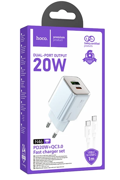 Hoco. N46 Glorious 1 Adet Type-C ve 1 Adet USB Çıkışlı Ekstra Type-C to Type-C Kablolu 20W PD Hızlı Şarj Aleti - Mavi - Resim 6