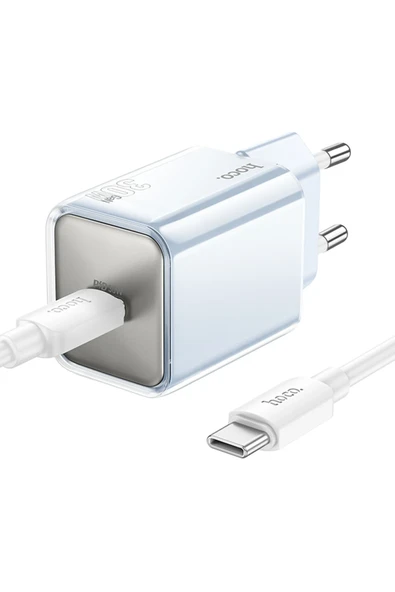 Hoco. N47 Glorious Type-C Çıkışlı Ekstra Type-C to Type-C Kablolu 30W PD Hızlı Şarj Aleti - Mavi - Resim 3