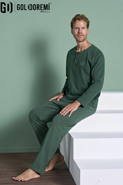 Gd Goldoremi Erkek Düğmeli Yaka Şerit Detaylı Düğmeli Yaka Uzun Kollu Pijama Takım ürün görseli 1