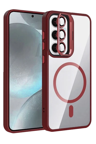 Samsung Galaxy S25 Remim Lensli Magsafe Standlı Kapak - Bordo ürün görseli 1