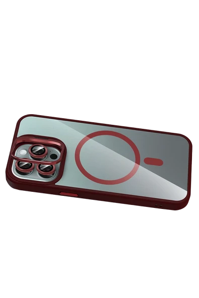 Apple iPhone 14 Pro Max Remim Lensli Magsafe Standlı Kapak - Bordo - Resim 4