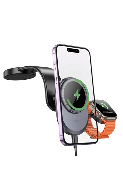Hoco. HW28 Excelso Yapışkanlı 15W Kablosuz Şarj ve 2.5W Kablosuz Saat Şarj Destekli Magsafe Araç Tutucu - Siyah - Resim 2