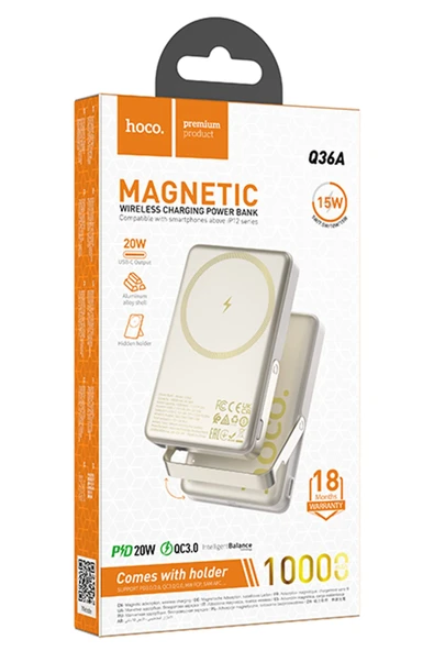 Hoco. Q36A Sunlight 10.000 mAh 20W Type-C ve 10W Kablosuz Şarj PD Magsafe Standlı Powerbank - Gold - Resim 5