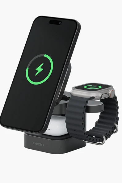 MagCube 3in1 Katlanabilir 15W Telefon Saat Airpods Masaüstü Hızlı Şarj Standı - Koyu Gri - Resim 2