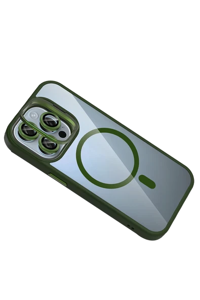 Apple iPhone 14 Pro Max Remim Lensli Magsafe Standlı Kapak - Koyu Yeşil - Resim 3