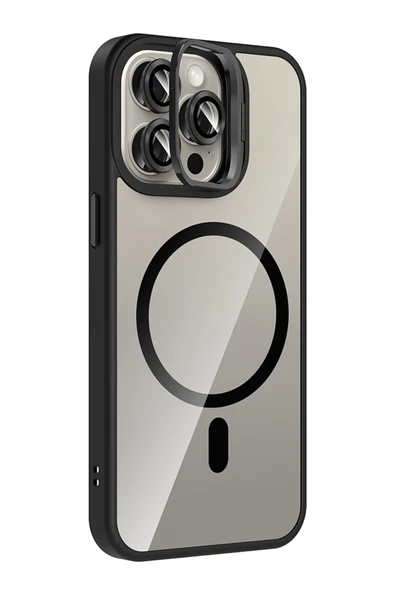 Apple iPhone 15 Pro Max Remim Lensli Magsafe Standlı Kapak - Siyah - Resim 2