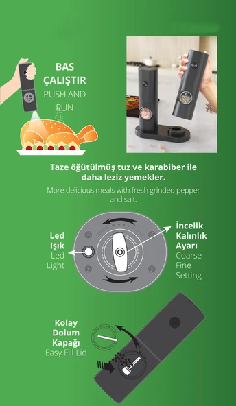 Pilli Karabiber & Tuz Değirmeni 2'li Set – Standlı, LED Işıklı, Ayarlanabilir Öğütme Mekanizmalı - Resim 3