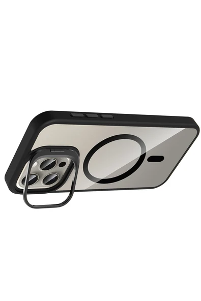 Apple iPhone 15 Pro Max Remim Lensli Magsafe Standlı Kapak - Siyah - Resim 6