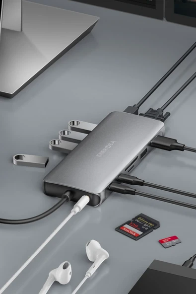 AluHub Max 100W Type-C PD Şarj Destekli 11in1 4K Hub Dönüştürücü - Koyu Gri - Resim 6