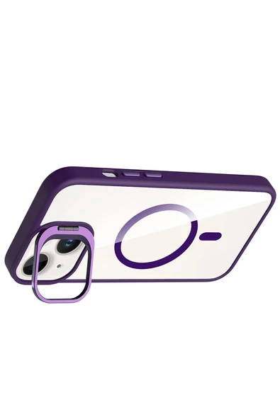 Apple iPhone 13 Remim Lensli Magsafe Standlı Kapak - Derin Mor - Resim 6
