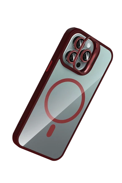 Apple iPhone 14 Pro Max Remim Lensli Magsafe Standlı Kapak - Bordo - Resim 3