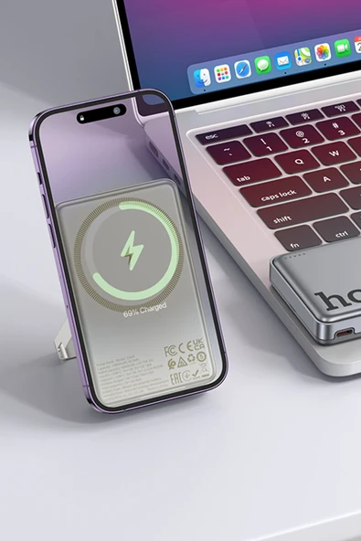 Hoco. Q36A Sunlight 10.000 mAh 20W Type-C ve 10W Kablosuz Şarj PD Magsafe Standlı Powerbank - Gold - Resim 4