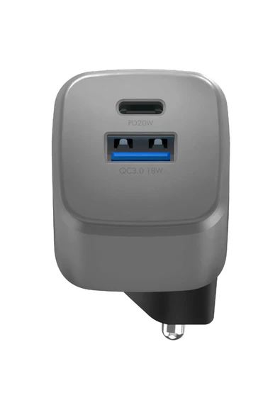 AmpCharge GaN20 20W Type-C ve 18W USB 3.0 Çıkışlı Hızlı Şarj Aleti - Koyu Gri - Resim 3