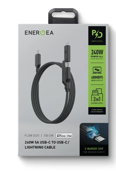 Flow Duo 2in1 1.5M 240W Type-C to Type-C ve Lightning PD Hızlı Şarj Kablo - Siyah - Resim 5
