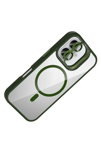 Apple iPhone 16 Plus Remim Lensli Magsafe Standlı Kapak - Koyu Yeşil - Resim 3