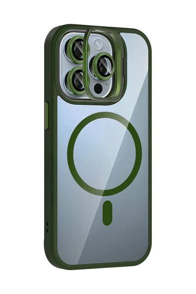 Apple iPhone 14 Pro Max Remim Lensli Magsafe Standlı Kapak - Koyu Yeşil - Resim 2