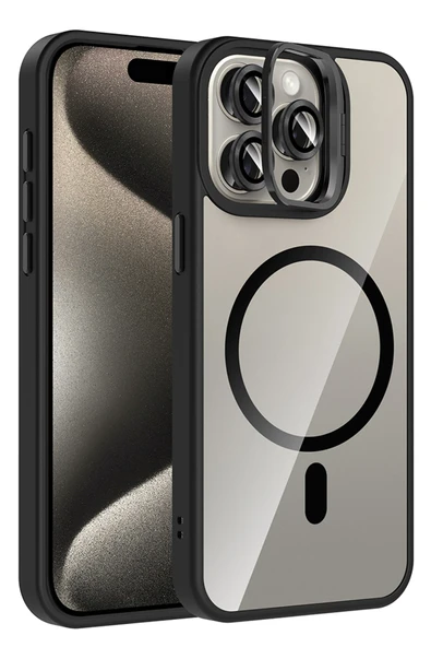 Apple iPhone 15 Pro Max Remim Lensli Magsafe Standlı Kapak - Siyah ürün görseli 1