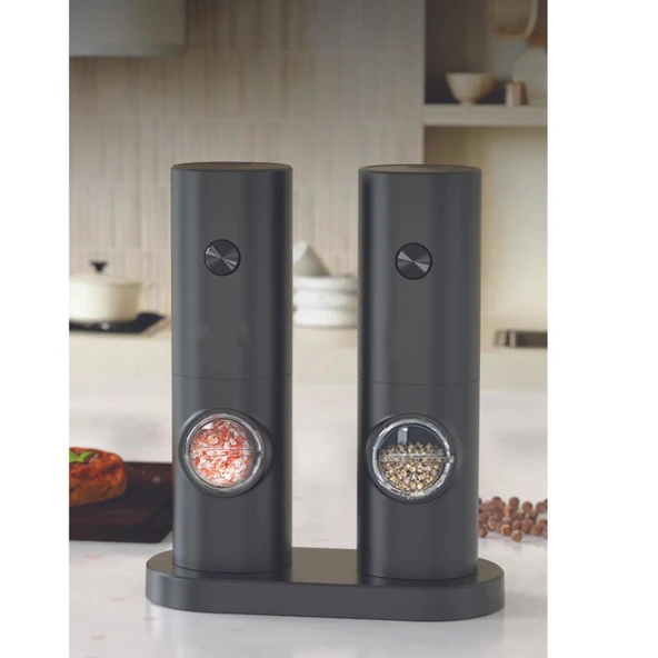 Pilli Karabiber & Tuz Değirmeni 2'li Set – Standlı, LED Işıklı, Ayarlanabilir Öğütme Mekanizmalı ürün görseli 1