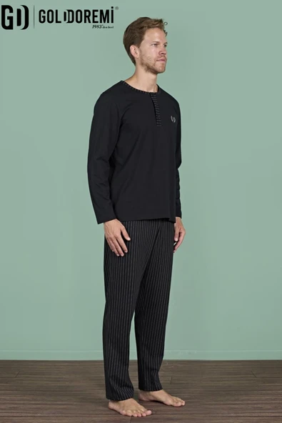 Gd Goldoremi Erkek Düğmeli Yaka Şerit Detaylı Düğmeli Yaka Uzun Kollu Pijama Takım - Resim 7