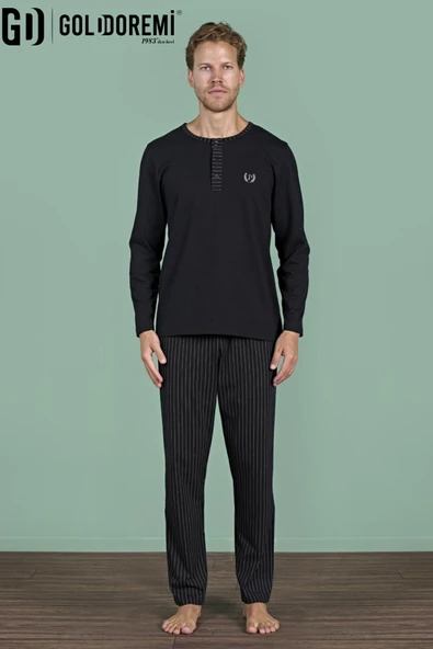 Gd Goldoremi Erkek Düğmeli Yaka Şerit Detaylı Düğmeli Yaka Uzun Kollu Pijama Takım - Resim 6