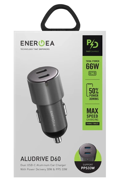 AluDrive D60 66W 2 Adet 33W Type-C Çıkışlı Alüminyum Araç İçi Şarj Aleti - Koyu Gri - Resim 7