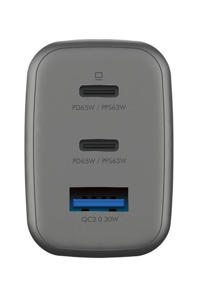 AmpCharge GaN65 2 Adet 65W Type-C ve 30W USB 3.0 Çıkışlı Hızlı Şarj Aleti - Koyu Gri - Resim 2