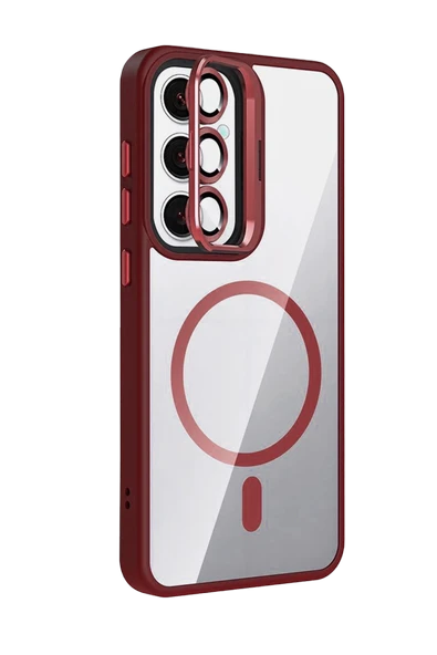 Samsung Galaxy S25 Remim Lensli Magsafe Standlı Kapak - Bordo - Resim 2