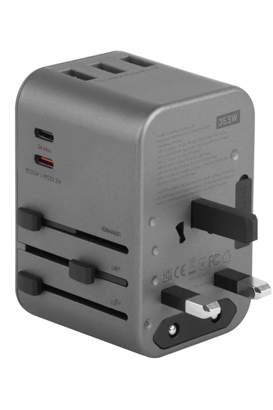 TravelWorld 35 Universal 35W Type-C 15W Type-C ve 12W USB Çıkışlı PD Hızlı Şarj Aleti - Koyu Gri - Resim 3