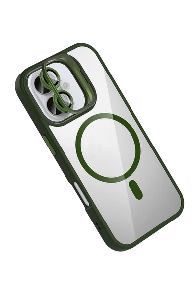 Apple iPhone 16 Plus Remim Lensli Magsafe Standlı Kapak - Koyu Yeşil - Resim 2