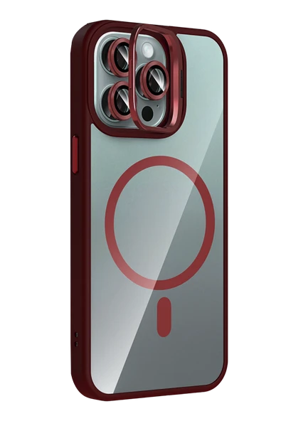 Apple iPhone 14 Pro Max Remim Lensli Magsafe Standlı Kapak - Bordo - Resim 2