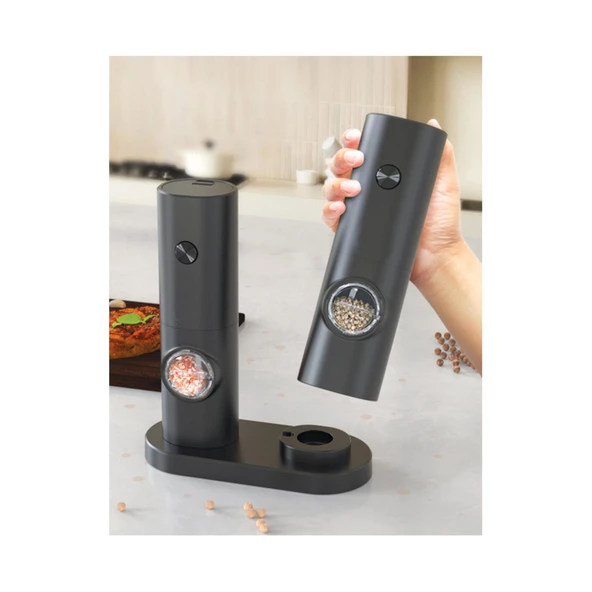 Pilli Karabiber & Tuz Değirmeni 2'li Set – Standlı, LED Işıklı, Ayarlanabilir Öğütme Mekanizmalı - Resim 2