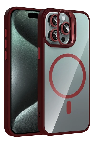 Apple iPhone 15 Pro Max Remim Lensli Magsafe Standlı Kapak - Bordo ürün görseli 1