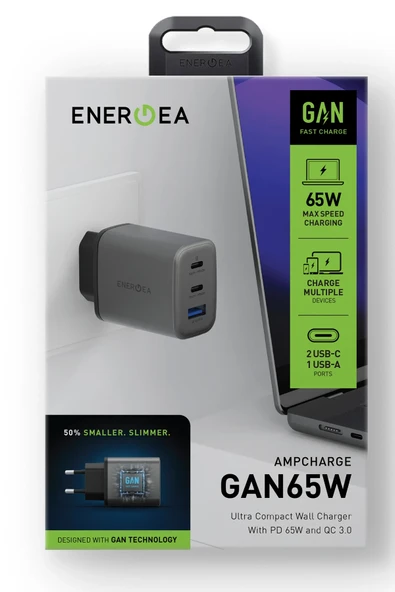 AmpCharge GaN65 2 Adet 65W Type-C ve 30W USB 3.0 Çıkışlı Hızlı Şarj Aleti - Koyu Gri - Resim 6