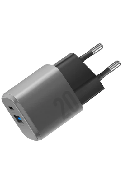 AmpCharge GaN20 20W Type-C ve 18W USB 3.0 Çıkışlı Hızlı Şarj Aleti - Koyu Gri ürün görseli 1