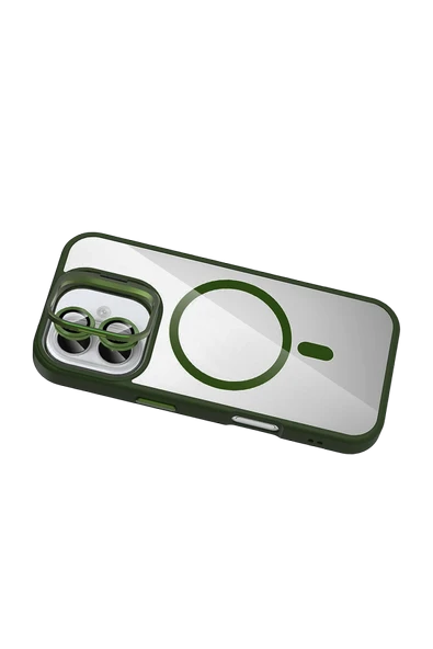 Apple iPhone 16 Plus Remim Lensli Magsafe Standlı Kapak - Koyu Yeşil - Resim 4