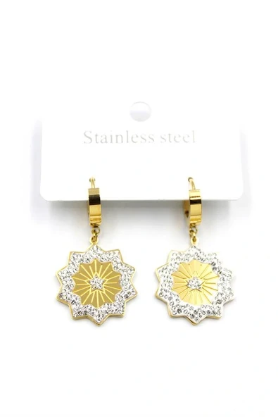 LitaeTrend Taşlı Yıldız Çelik Halka Küpe - Altın - Resim 2