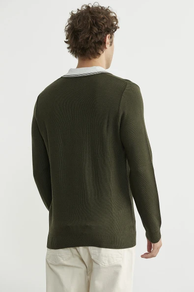 Polo Yaka Yünlü Triko Kazak - Haki - Resim 5