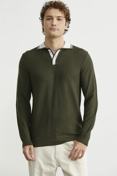 Polo Yaka Yünlü Triko Kazak - Haki - Resim 4