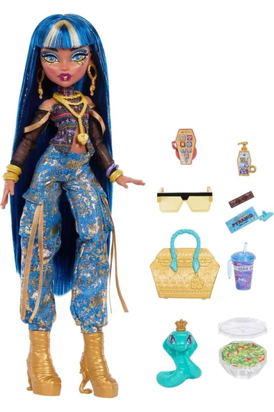 Monster High Cleo De Nile Bebek, Altın Kot Kargo Pantolonu ve aksesuarları JHK32 ürün görseli 1