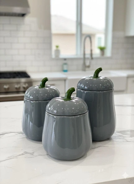 3'LÜ KAPAKLI BAL KABAK KAVANOZ SETİ ANTRASİT PUMPKIN SERİSİ SERAMİK 500, 750 ve 1000 ML - Resim 2
