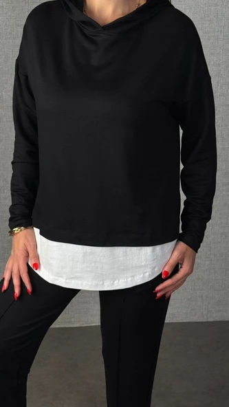 Lucky Life Kadın Uzun Kollu Kapşonlu Bağcıklı Viskon Iki Iplik Bluz Ve Pantolon Ikili Takım - Resim 4